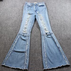 Almost Famous Jeans Women's 3 Blue Super Flare Bell Bottom Distressed Raw Hem